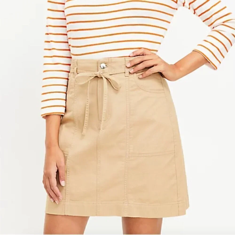 LOFT Twill Tie Waist Pocket Skirt Size 8 Khaki